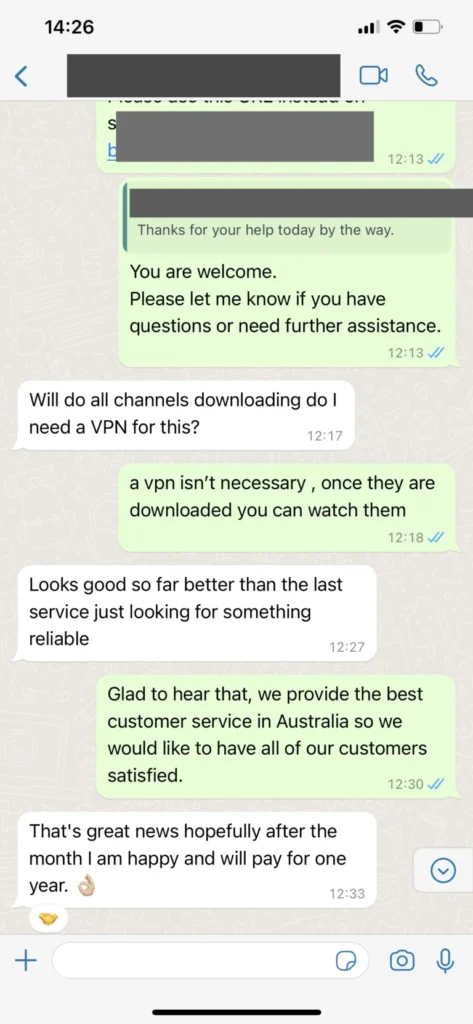 WhatsApp review message praising WeSellIPTV IPTV stability